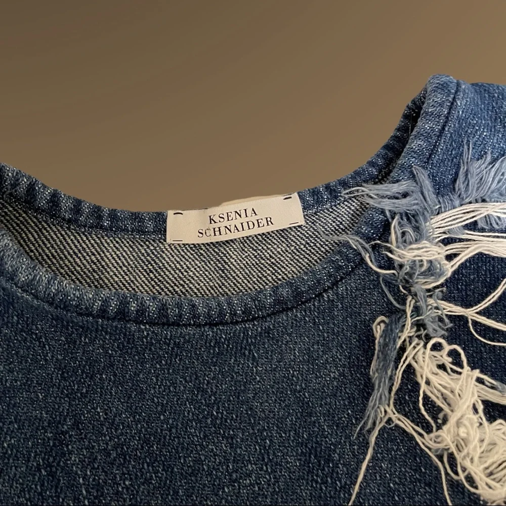 Ksenia Schnaider Denim Pull Over Top with Distressed Embellishment Size Medium - Picture 3 of 4